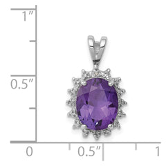 Sterling Silver Rhodium Plated Oval Amethyst and Diamond Pendant QDX413