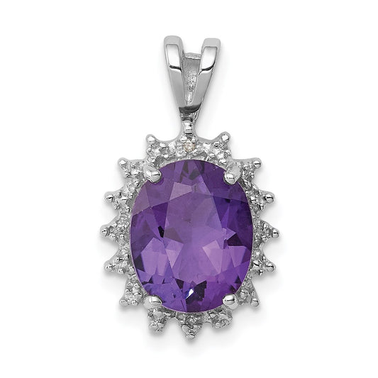 Sterling Silver Rhodium Plated Oval Amethyst and Diamond Pendant QDX413