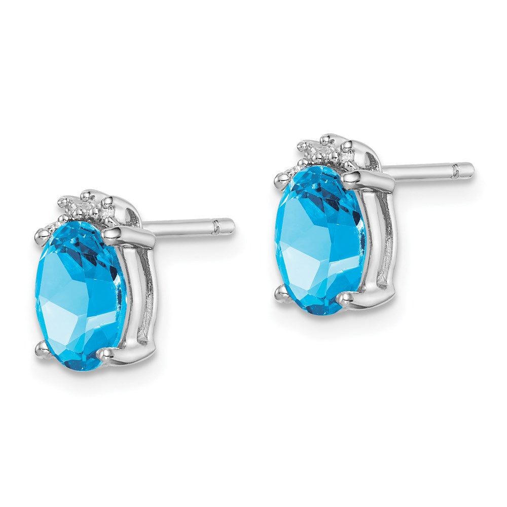 QDX507 Sterling Silver Rhodium Plated Oval Blue Topaz and Diamond Post Earrings