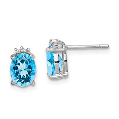QDX507 Sterling Silver Rhodium Plated Oval Blue Topaz and Diamond Post Earrings