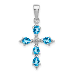 Sterling Silver Rhodium Pear Swiss Blue Topaz Cross Pendant QDX509