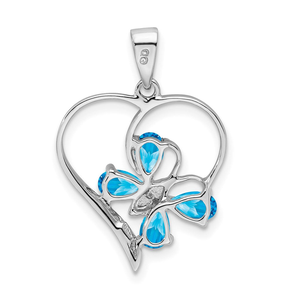 Sterling Silver Rhodium SW Blue Topaz & Diamond Butterfly Heart Pendant QDX510
