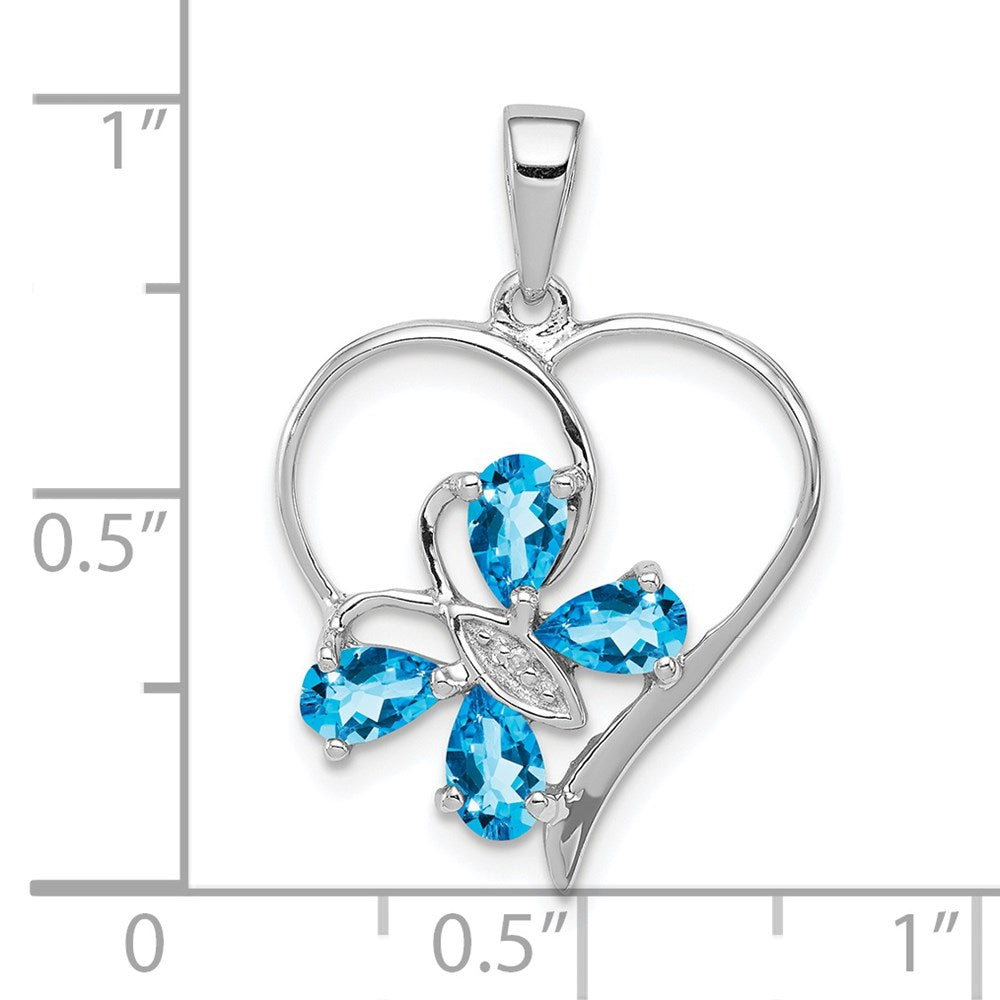 Sterling Silver Rhodium SW Blue Topaz & Diamond Butterfly Heart Pendant QDX510