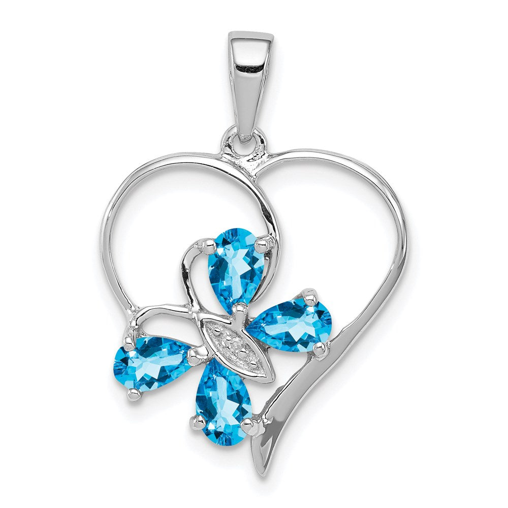 Sterling Silver Rhodium SW Blue Topaz & Diamond Butterfly Heart Pendant QDX510