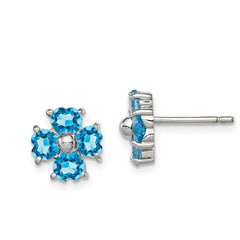QDX511 Sterling Silver Rhodium Plated Blue Topaz Flower Post Earrings