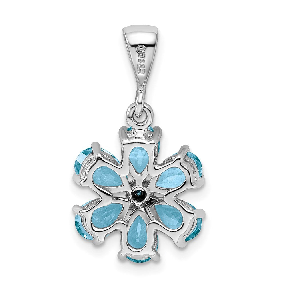 Sterling Silver Rhodium Light Swiss Blue Topaz & Diamond Flower Pendant QDX516
