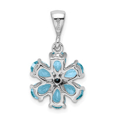 Sterling Silver Rhodium Light Swiss Blue Topaz & Diamond Flower Pendant QDX516