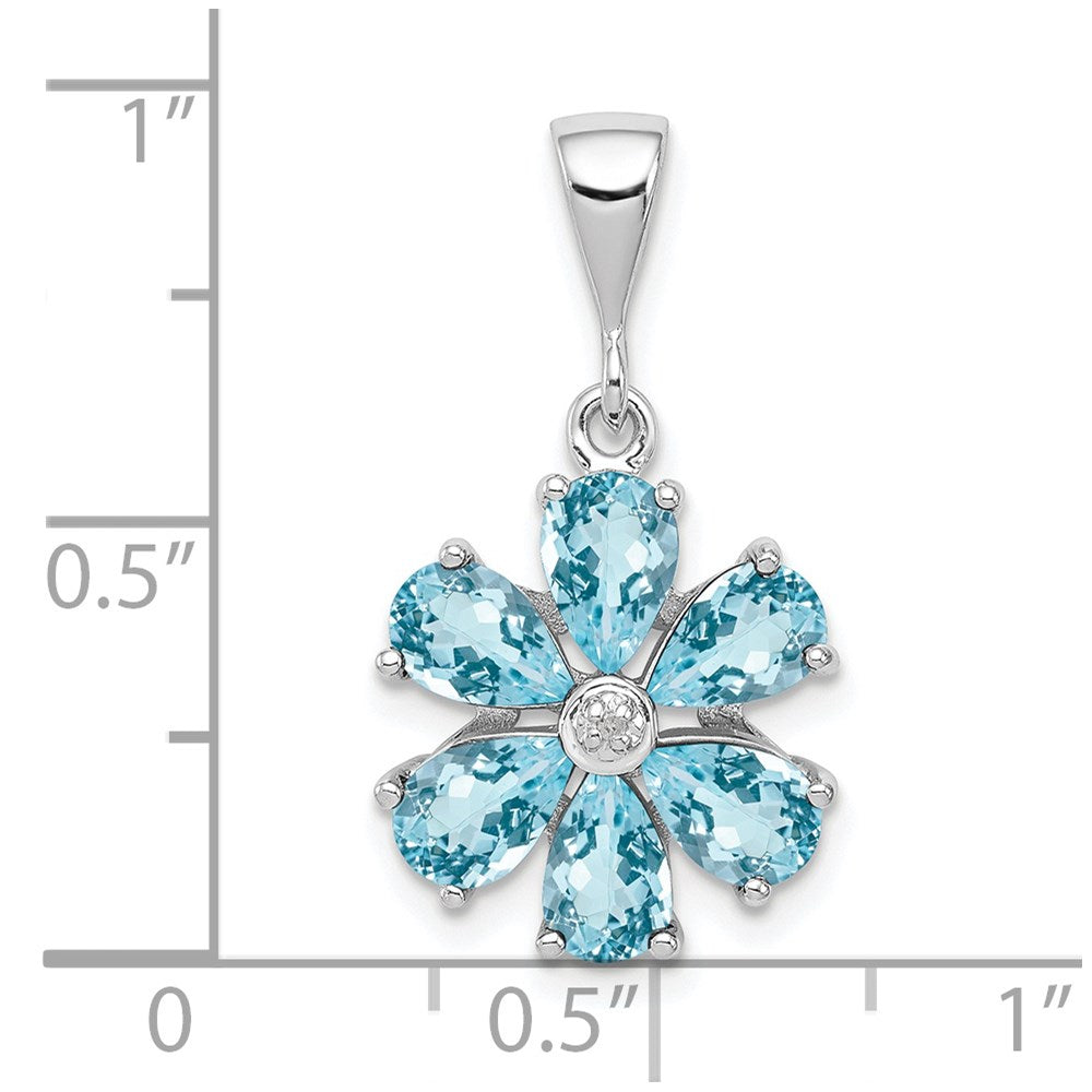 Sterling Silver Rhodium Light Swiss Blue Topaz & Diamond Flower Pendant QDX516
