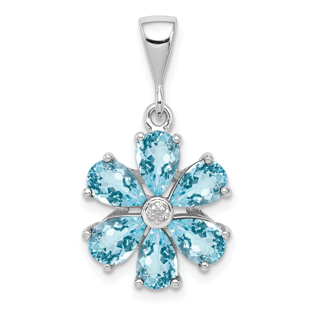 Sterling Silver Rhodium Light Swiss Blue Topaz & Diamond Flower Pendant QDX516