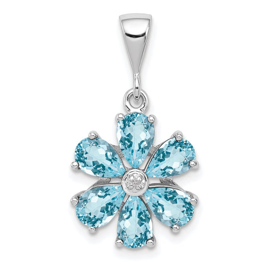 Sterling Silver Rhodium Light Swiss Blue Topaz & Diamond Flower Pendant QDX516