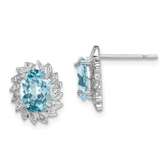QDX520 Sterling Silver Rhodium Plated Blue Topaz and Diamond Post Earrings