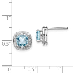 QDX521 Sterling Silver Rhodium Plated Blue Topaz and Diamond Post Earrings