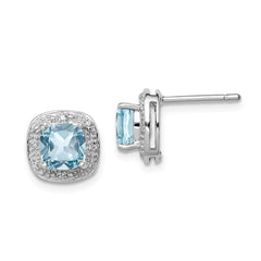 QDX521 Sterling Silver Rhodium Plated Blue Topaz and Diamond Post Earrings