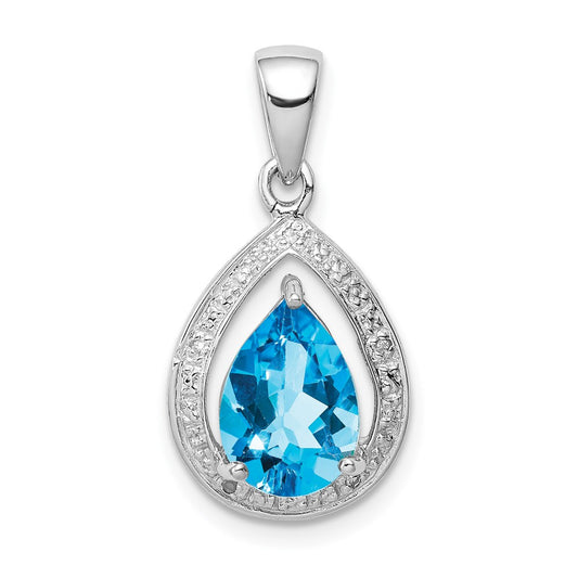 Sterling Silver Rhodium-plated Light Swiss Blue Topaz & Diamond Pendant QDX543