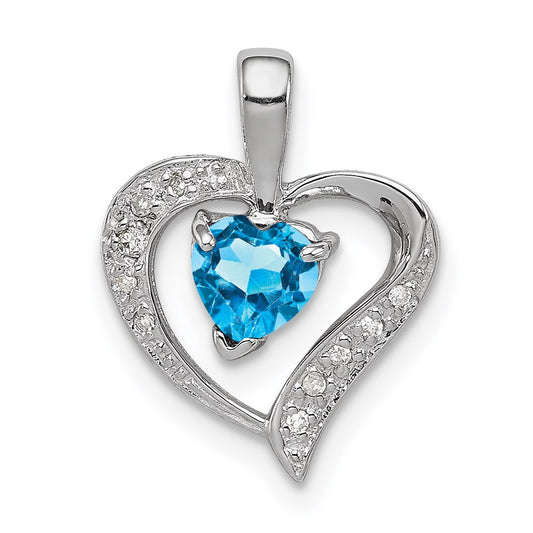 Sterling Silver Rhodium Heart Swiss Blue Topaz & Diamond Heart Pendant QDX556