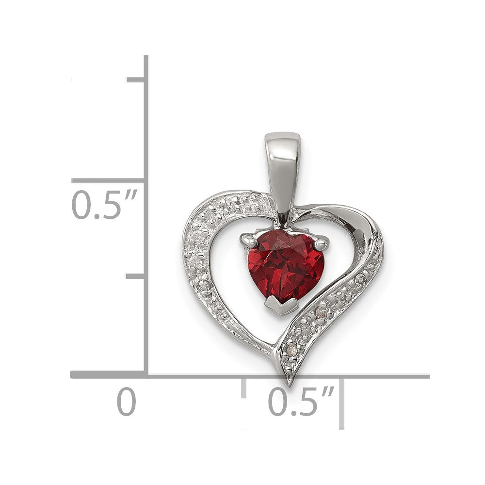 Sterling Silver Rhodium Heart Garnet & Diamond Heart Pendant QDX582