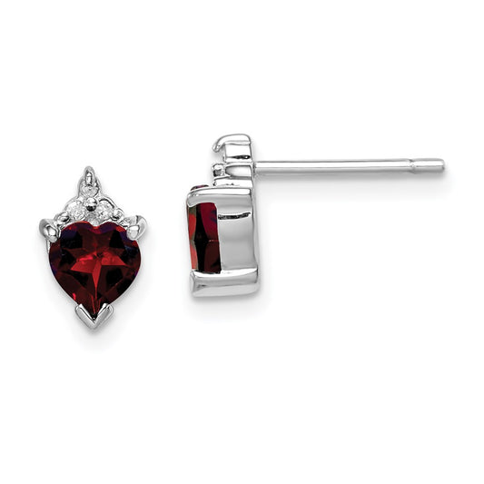 QDX585 Sterling Silver Rhodium Plated Heart Garnet and Diamond Post Earrings