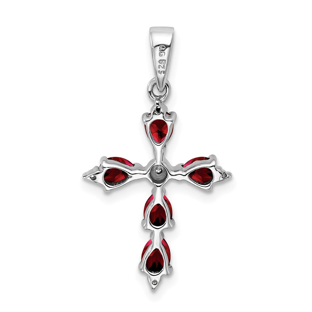 Sterling Silver Rhodium Pear Garnet Cross Pendant QDX610