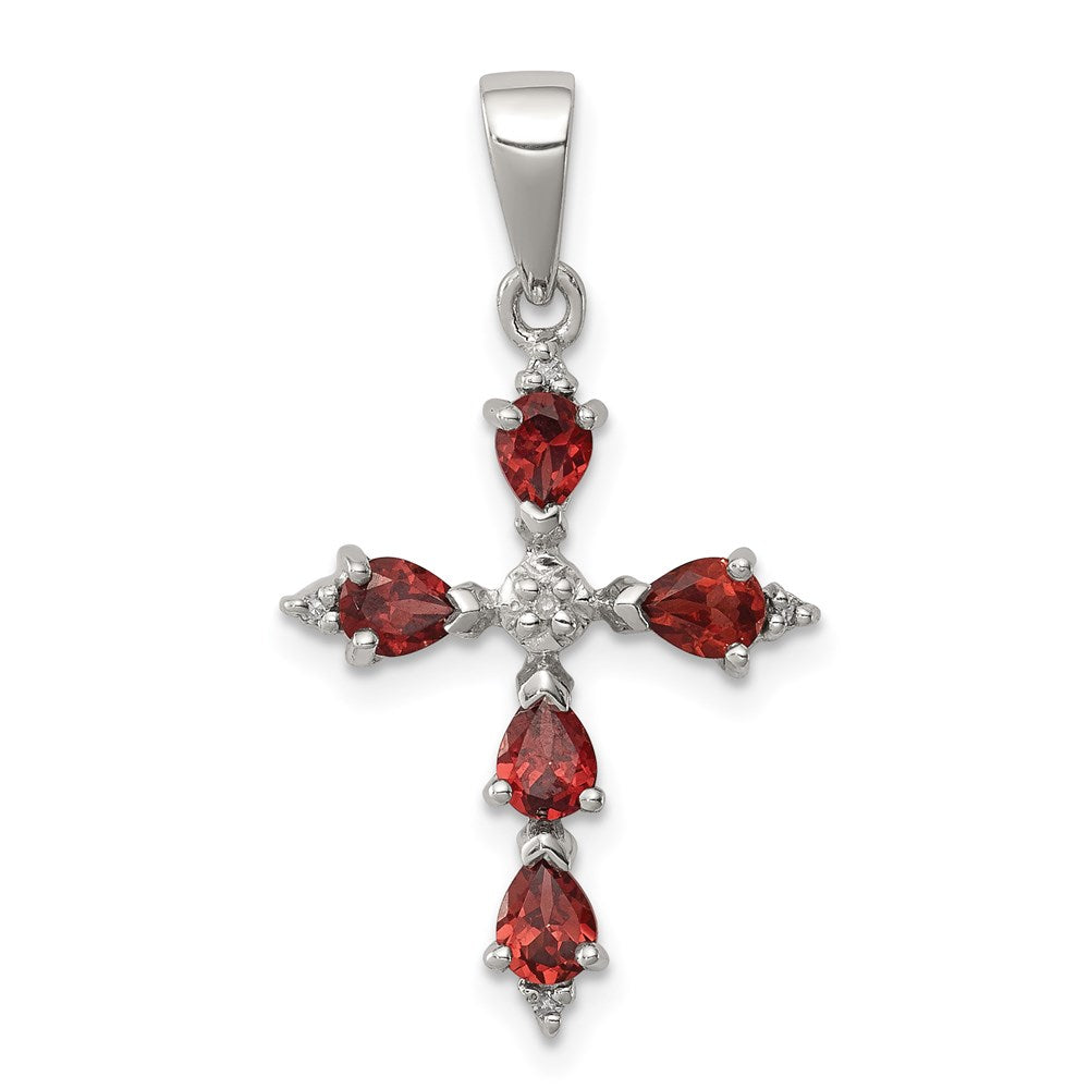 Sterling Silver Rhodium Pear Garnet Cross Pendant QDX610