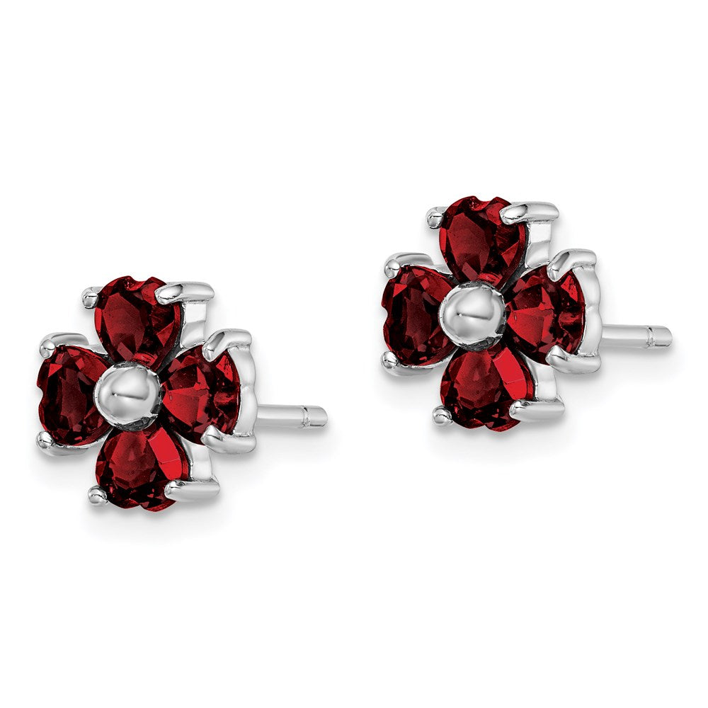 QDX612 Sterling Silver Rhodium Plated Garnet Flower Post Earrings