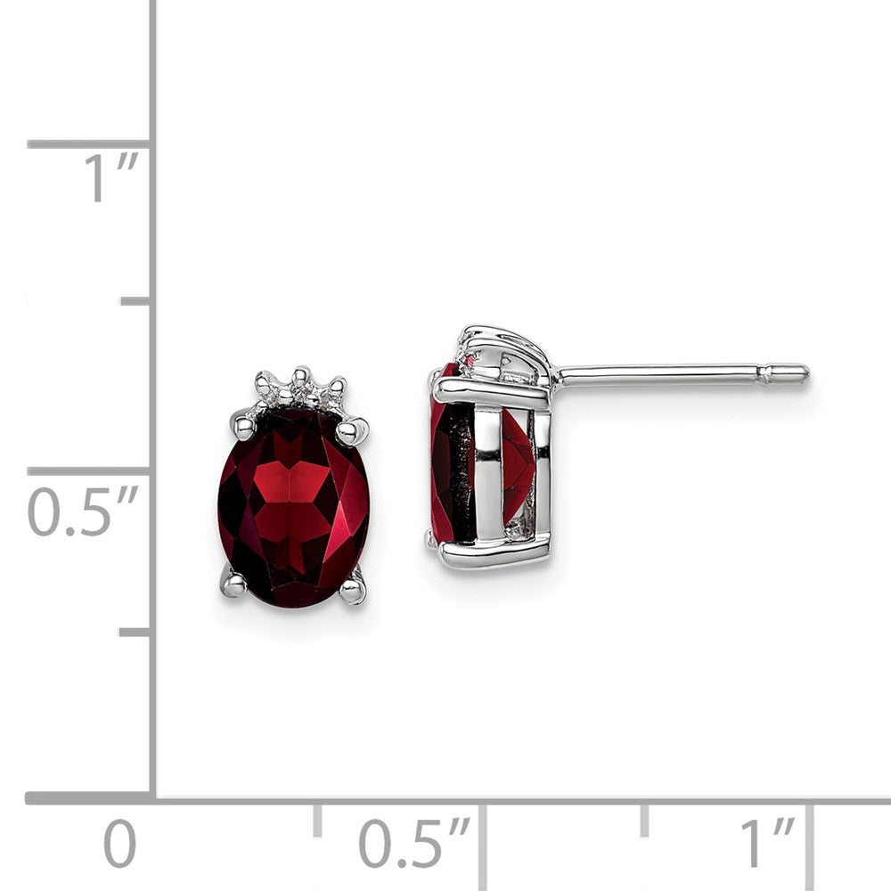 QDX613 Sterling Silver Rhodium Plated Oval Garnet and Diamond Post Earrings