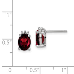 QDX613 Sterling Silver Rhodium Plated Oval Garnet and Diamond Post Earrings