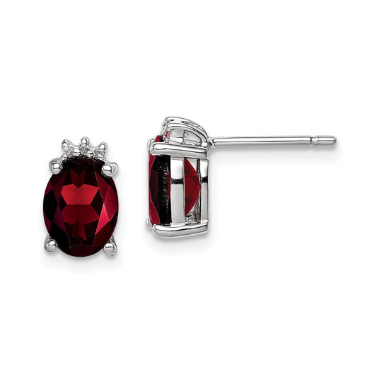 QDX613 Sterling Silver Rhodium Plated Oval Garnet and Diamond Post Earrings