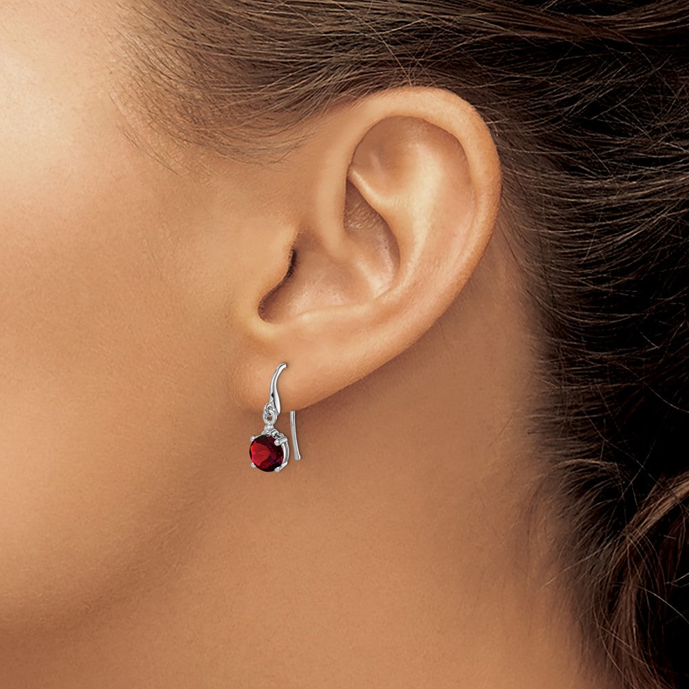 QDX630 Sterling Silver Rhodium Plated Round Garnet and Diamond Wire Earrings