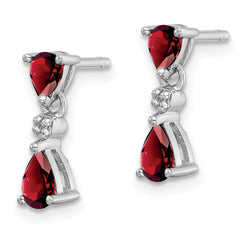 QDX632 Sterling Silver Rhodium Pear Garnet and Diamond Post Earrings