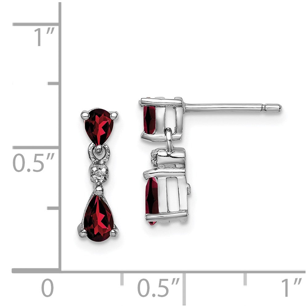 QDX632 Sterling Silver Rhodium Pear Garnet and Diamond Post Earrings