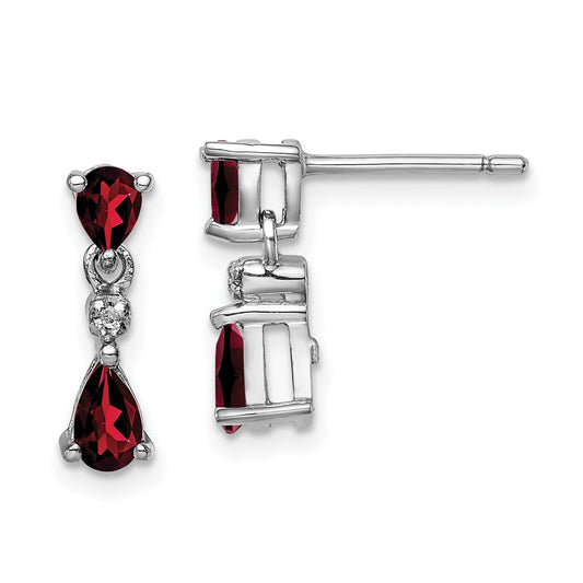 QDX632 Sterling Silver Rhodium Pear Garnet and Diamond Post Earrings