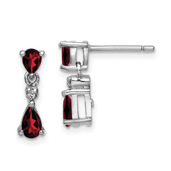 QDX632 Sterling Silver Rhodium Pear Garnet and Diamond Post Earrings