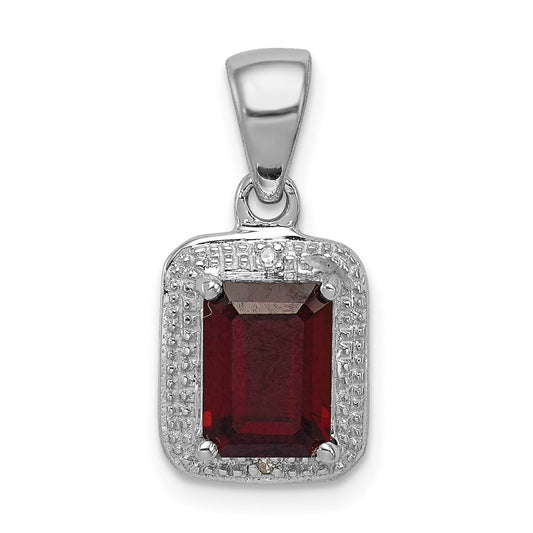 Sterling Silver Rhodium Emerald-cut Garnet & Diamond Pendant QDX640