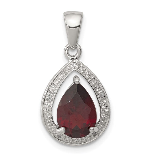 Sterling Silver Rhodium Garnet & Diamond Pendant QDX648