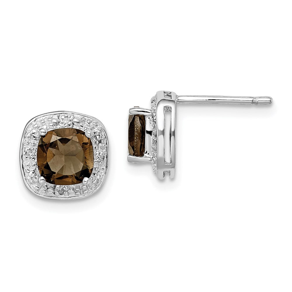 QDX667 Sterling Silver Rhodium Plated Smoky Quartz and Diamond Post Earrings