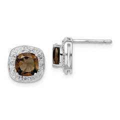 QDX667 Sterling Silver Rhodium Plated Smoky Quartz and Diamond Post Earrings