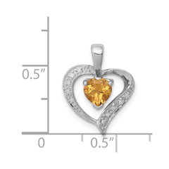 Sterling Silver Rhodium Heart Citrine & Diamond Heart Pendant QDX723