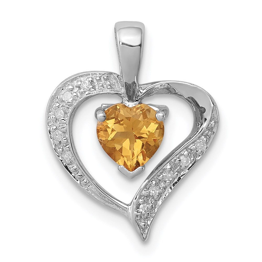 Sterling Silver Rhodium Heart Citrine & Diamond Heart Pendant QDX723