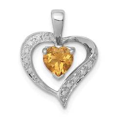 Sterling Silver Rhodium Heart Citrine & Diamond Heart Pendant QDX723