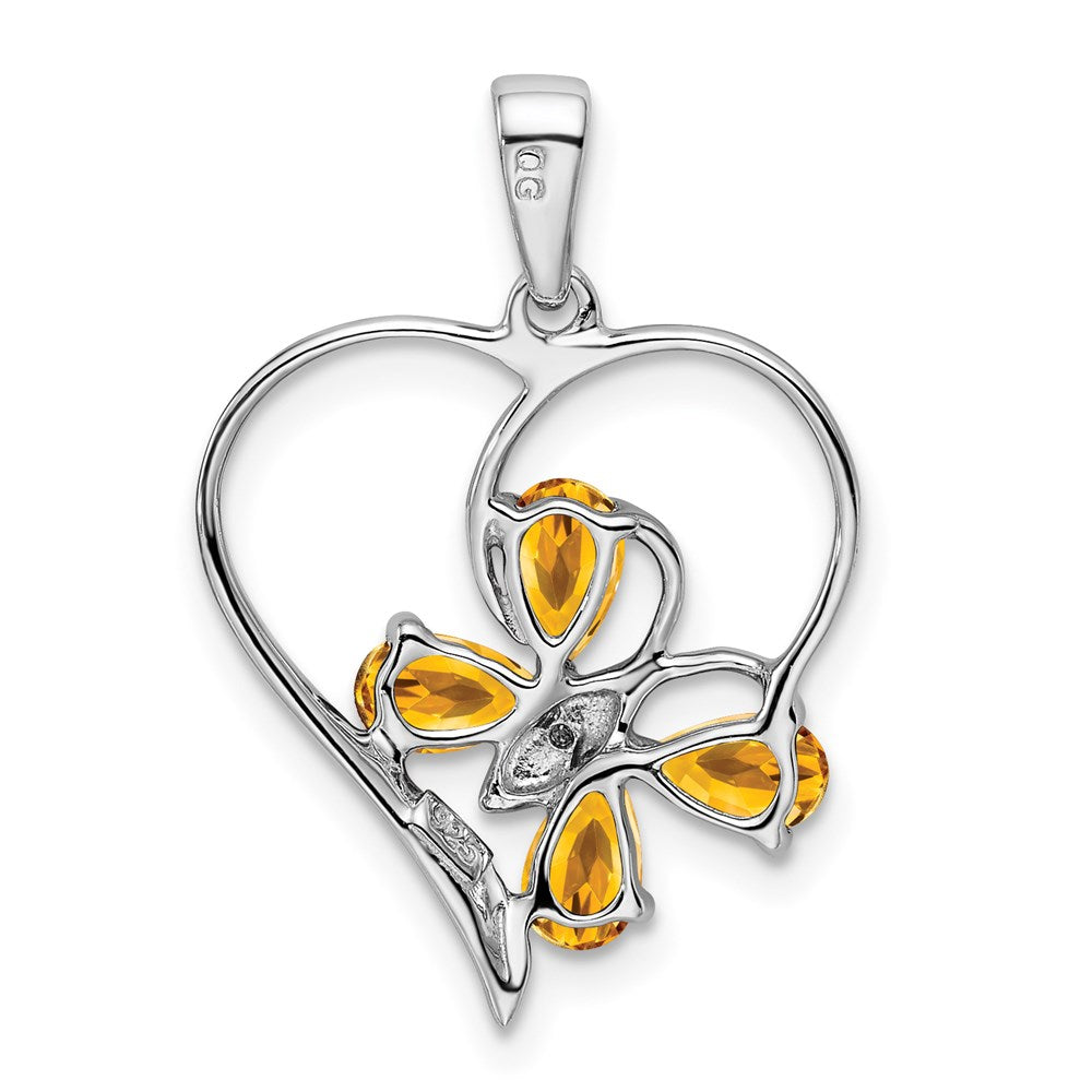 Sterling Silver Rhodium Citrine & Diamond Butterfly Heart Pendant QDX752