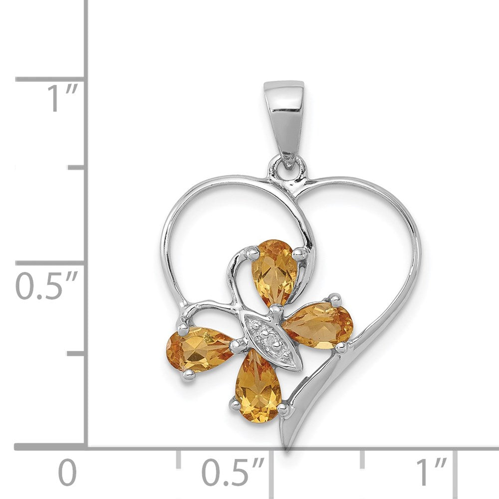 Sterling Silver Rhodium Citrine & Diamond Butterfly Heart Pendant QDX752