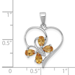 Sterling Silver Rhodium Citrine & Diamond Butterfly Heart Pendant QDX752
