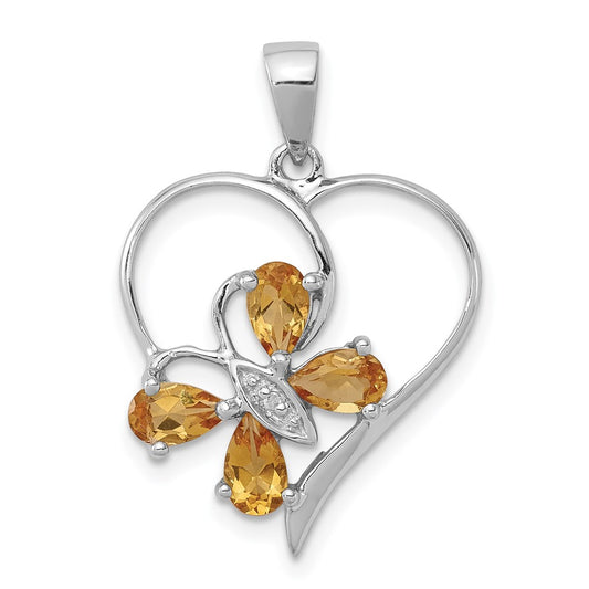Sterling Silver Rhodium Citrine & Diamond Butterfly Heart Pendant QDX752