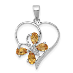 Sterling Silver Rhodium Citrine & Diamond Butterfly Heart Pendant QDX752