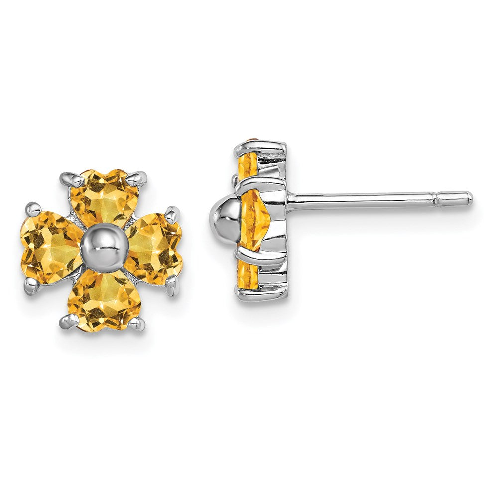 QDX753 Sterling Silver Rhodium Plated Citrine Flower Post Earrings