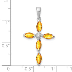 Sterling Silver Rhodium Citrine & Diamond Cross Pendant QDX761