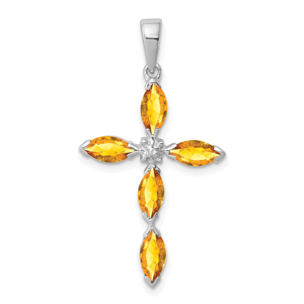 Sterling Silver Rhodium Citrine & Diamond Cross Pendant QDX761