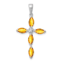 Sterling Silver Rhodium Citrine & Diamond Cross Pendant QDX761