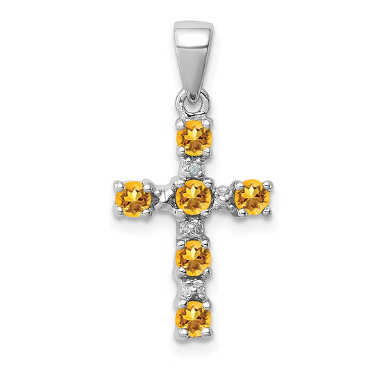 Sterling Silver Rhodium Citrine & Diamond Accent Cross Pendant QDX768