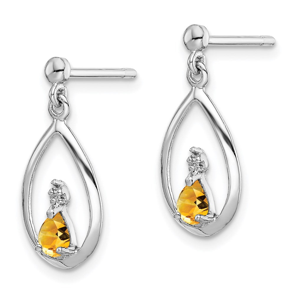 QDX778 Sterling Silver Rhodium Plated Pear Citrine and Diamond Post Earrings